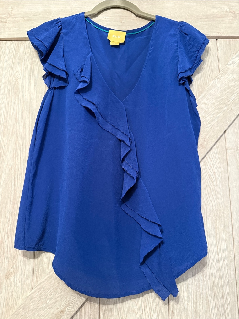Maeve Royal Blue Ruffle Silk V-Neck Blouse